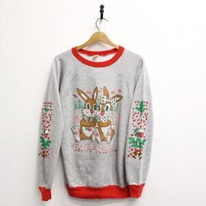 Vintage Tis The Season Bunny Rabbits Christmas Sweatshirt Large